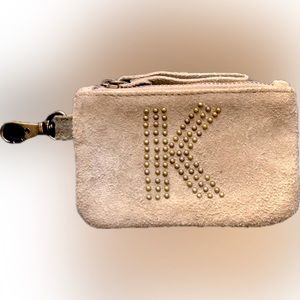 Urban Outfitters suede gray “K” monogram coin bag w grommets & a key hook